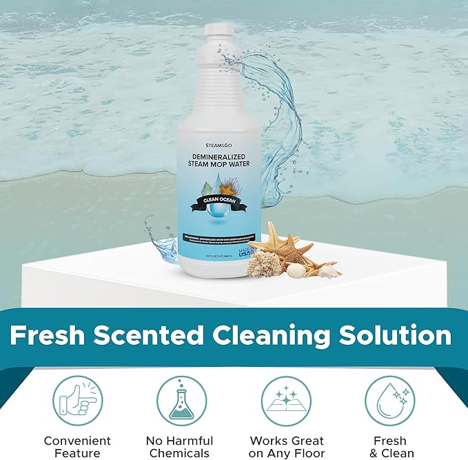 Steam & Go Demineralized Water - Multi-Surface Cleaner, PVC-Free Ready-to-Use for Mops & Floor Steamers - Ideal for Kitchen, Bathroom, & Home Surfaces - Clean Ocean Scent - 32oz (Pack of 12)