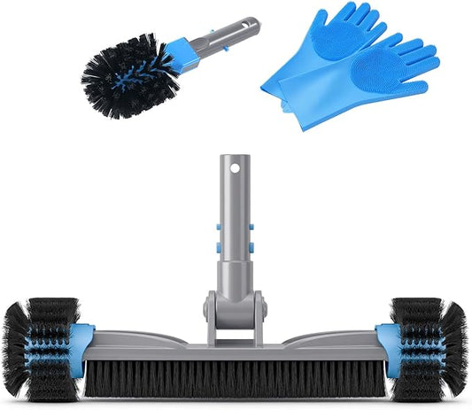 UIRWAY 3-in-1 Deluxe Swimming Pool Cleaning Kit - Includes Pool Brush Head with Detachable Side Round Ends, Small Corner Fence Brush and Gloves for Inground & Above Ground Pools Wall Cleaning(No Pole)