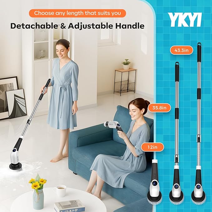 YKYI Electric Spin Scrubber-Cordless Power Scrubber with 8 Brush Heads, 3 Speeds & Adjustable Long Handle, IPX7 Waterproof Shower Cleaning Brush for Bathroom Tile, Bathtub, Grout, Kitchen(White)