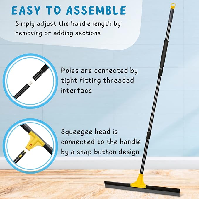 Floor Squeegee for Concrete and Tile Cleaning, 24'' Rubber Wiper Broom, Large Heavy Duty Water Scraper with 60'' Long Handle for Garage, Deck, Bathroom, Shower Glass, Window