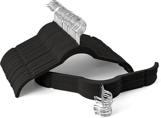 Premium Velvet Hangers 50 Pack - Space-Saving Closet Organizer for Clothes, Non-Slip Flocked Design, Ideal for Shirts and Coats (Black)
