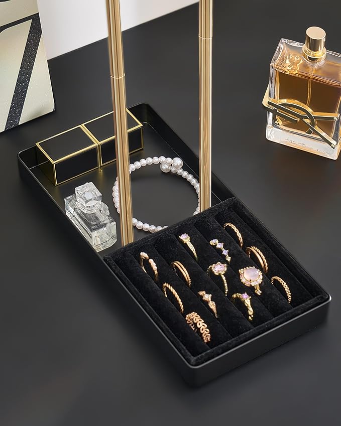 Lolalet 2-Tier Necklace Holder Display, Velvet Wrapped Bracelet Stand with Removable Ring Tray, Tall Jewelry Organizer for Bangles Watches Earrings, Galentines Valentines Gifts for Girls Women -Black