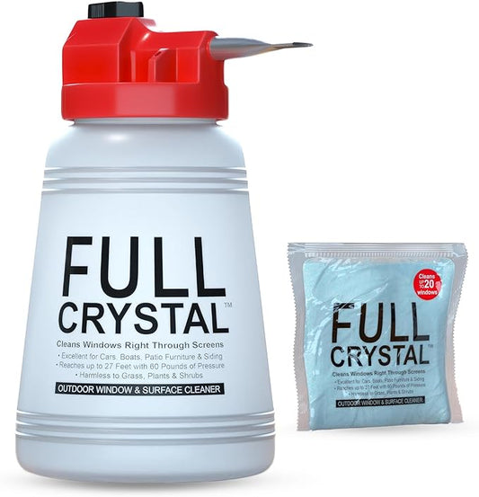 Full Crystal Window Cleaning Kit – 4 oz Glass Cleaner and Bottle with 27 ft Reach, Makes Up to 640 fl oz, Cleans Up to 20 Windows, Scrub-Free, Rinse-Free