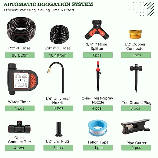 A ANLEOLIFE Automatic Drip Irrigation Kit 82.4FT with Water Timer, 8 Custom Programs & LCD Screen, Quick-Connect Tubing, Adjustable & 360° Bendable Nozzles for Raised Beds, Garden, Lawn