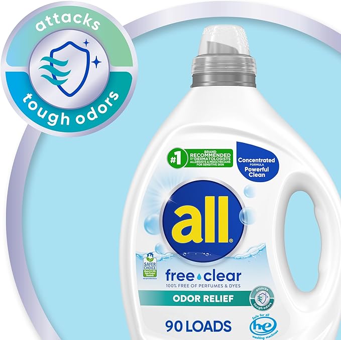 all Laundry Detergent Liquid, Free Clear for Sensitive Skin, Odor Relief, Unscented and Hypoallergenic, 2X Concentrated, 90 Loads
