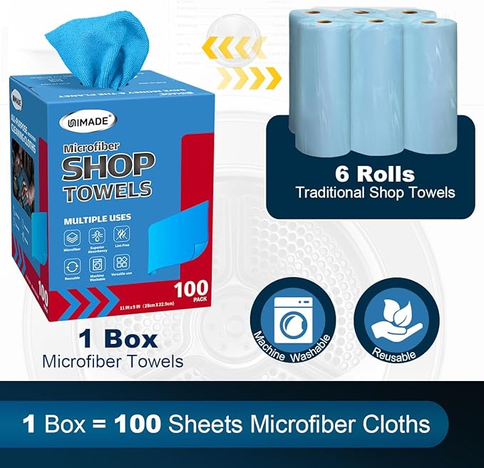 Shop Towels, 100 Sheets Microfiber Cleaning Cloth Commercial Grade Washcloths Lint-Free Bulk Shops Rags for Cars Mechanic Restaurant Garage Housekeeping, 11"x 9", Blue