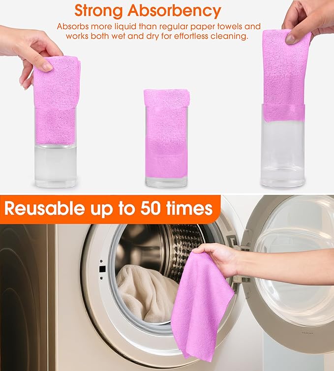 Microfiber Cleaning Cloth Roll - 100 Pack Tear Away Microfiber Paper Towels, Reusable, Washable, Scratch-Free, Kitchen Towels for Car, Home, Kitchen, Glass, Dishes (Light Purple)