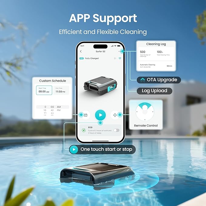 AIPER Surfer S2 Solar Powered Pool Surface Skimmer Robot with APP Support, 24/7 Continuous Cleaning, Dual Charging Modes, Smart Obstacle Avoidance, 150-um Filtration, OTA Upgrade