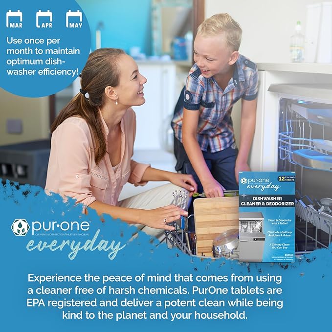Dishwasher Cleaner & Deodorizer - Deep Cleaning, Eliminates Built-up Residues & Grime in Dishwashers, Odor Remover, Septic Safe, For All Makes & Models, 12 Pack Monthly Maintenance Solution