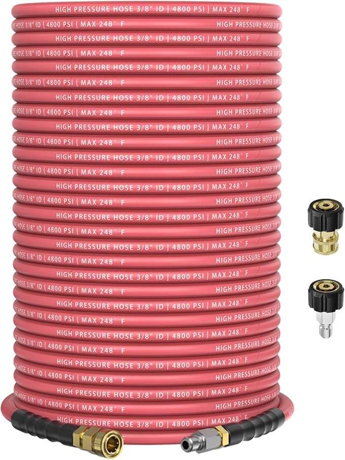 3/8" 4800PSI Pressure Washer Hose 200FT with 360° Swivel Quick Connect, Flexible & Kink Resistant Steel Wire Braided & Durable for Hot/Cold Water, High Power Washer Hose With M22 14mm Adapter