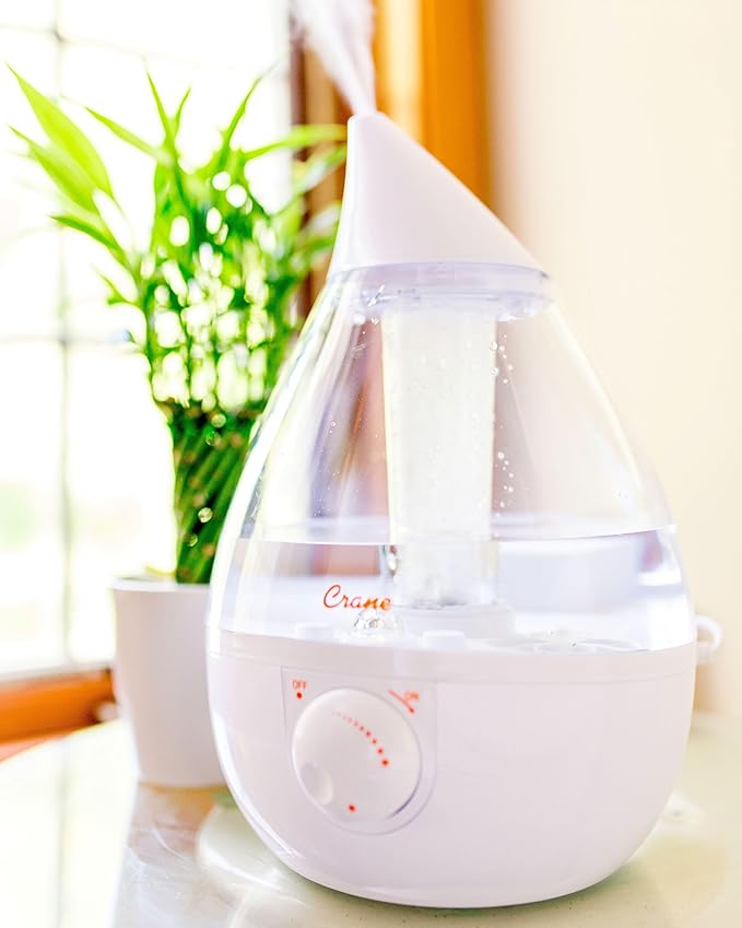 Crane White Teardrop Ultrasonic Cool Mist Humidifier, 1 Gallon Auto Shut-Off for Large Room, Baby Nursery, Bedroom Office, Clear & White