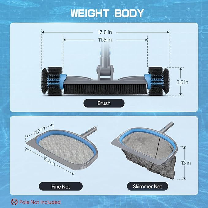 UIRWAY 3-in-1 Deluxe Swimming Pool Cleaning Kit - Includes Pool Brush with Detachable Side Round Ends, Deep Leaf Skimmer Net & Flat Fine Mesh Net for Inground & Above Ground Pools Cleaning(No Pole)