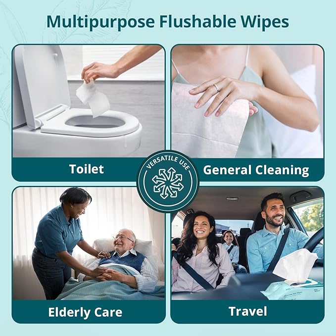 WhyWorry Flushable Wipes for Adults, Extra Large 8"x10" Butt Wipes for Personal Hygiene & Cleansing, Chamomile and Vitamin E, 100% Plant-Based, Septic & Sewer Safe, Unscented, 384 Count (8 Packs)