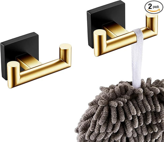 KOKOSIRI Robe Hooks Bath Towel Hooks Bathroom Hardware Double Coat Hooks Wall Mounted, Stainless Steel 2 Pack Black with Gold B1015GDK-P2