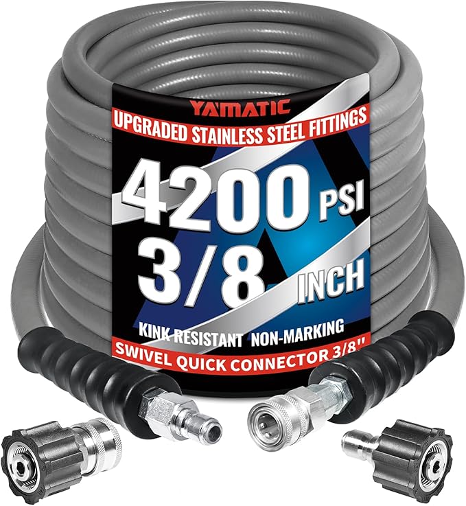 YAMATIC 3/8" Pressure Washer Hose 100FT with Stainless Steel Swivel 3/8" Quick Connect, 4200 PSI Non Marking Rubber Wear Resistant Steel Braided Industry Grade for Hot/Cold Water Gas Power Washer