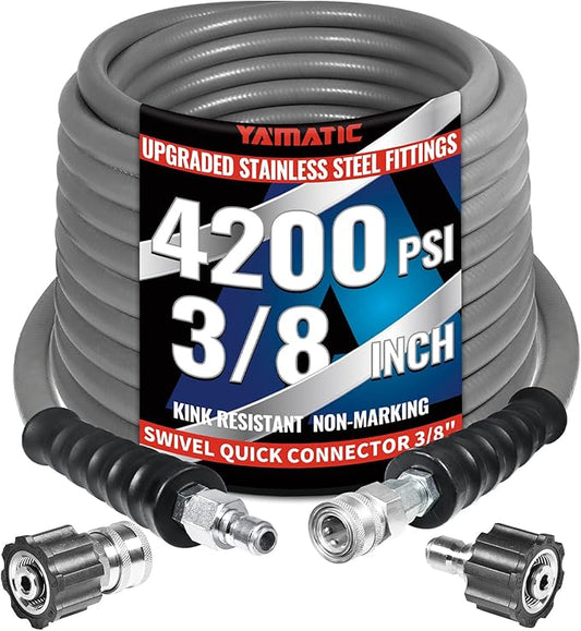 YAMATIC 3/8" Pressure Washer Hose 100FT with Stainless Steel Swivel 3/8" Quick Connect, 4200 PSI Non Marking Rubber Wear Resistant Steel Braided Industry Grade for Hot/Cold Water Gas Power Washer