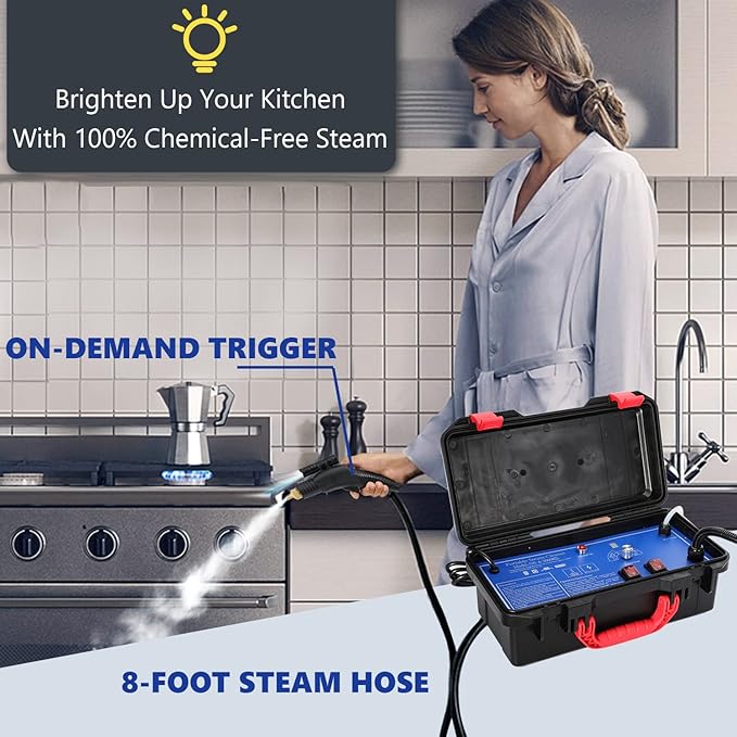 Moongiantgo High Pressure Steam Cleaner, 1700W Power High Temp Portable Handheld Cleaning Machine for Car Detailing, Tankless Heavy Duty for Home Use Kitchen Bathroom Grout Tile