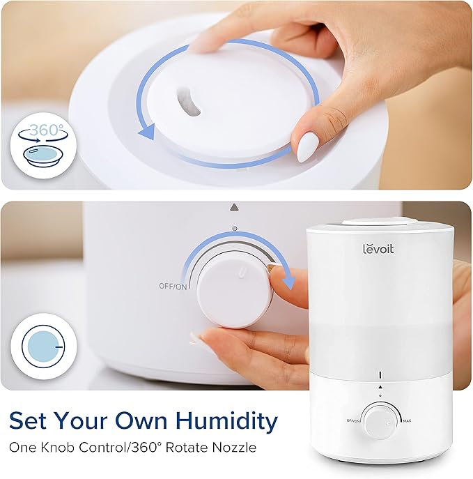 LEVOIT - Humidifiers for Bedroom - Quiet (3L Water Tank) - Cool Mist/Top Fill/Essential Oil Diffuser/25Watt - Home/Large Room - 360° Nozzle - Rapid Ultrasonic Humidification for Baby Nursery/Plant