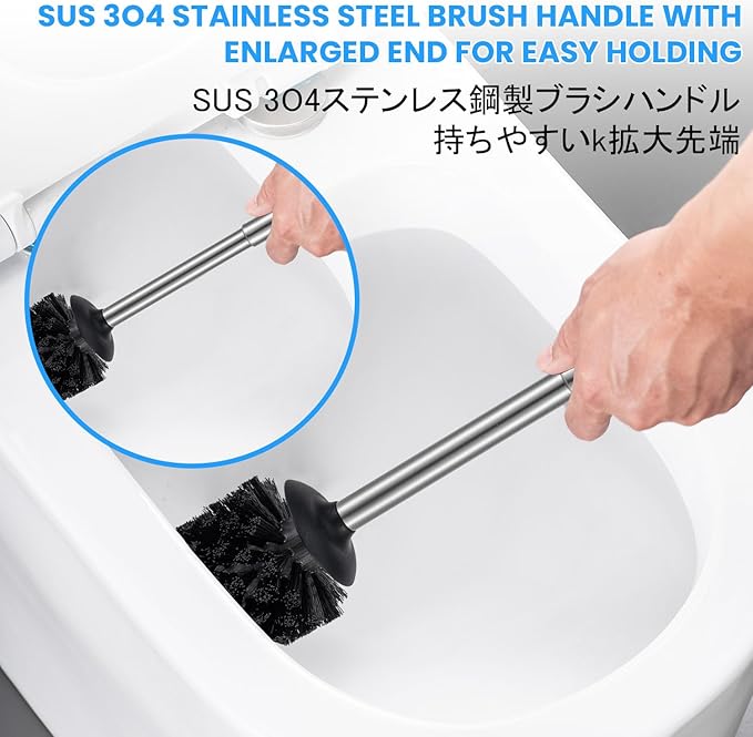 Stainless Steel Toilet Brush and Holder Toilet Brush and Cases Bathroom Bowl Cleaning Brush Double Layer Holder Long Brush Handle High Density Bristles Silver
