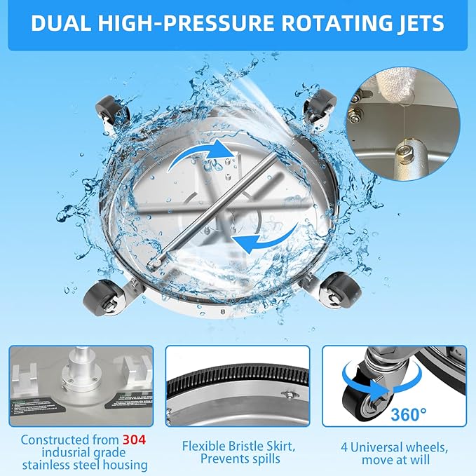 20" Pressure Washer Surface Cleaner with 304 Industrial-Grade Stainless Steel Housing, Dual Handle, Driveway Pressure Washer Attachment, 2 Replacement Nozzles, for Concrete, Sidewalk, Deck, 4500 PSI