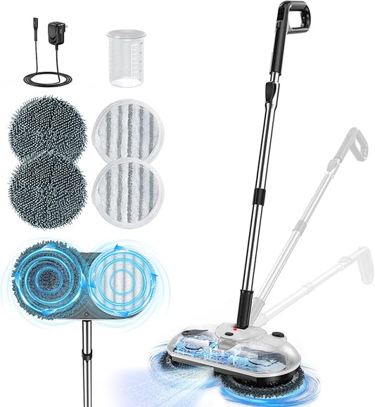 ScrubWiz Cordless Electric Mop, Electric Spin Mop with Water Spray, Powerful Floor Cleaner, Super Quiet Cleaning & Waxing, Mid White