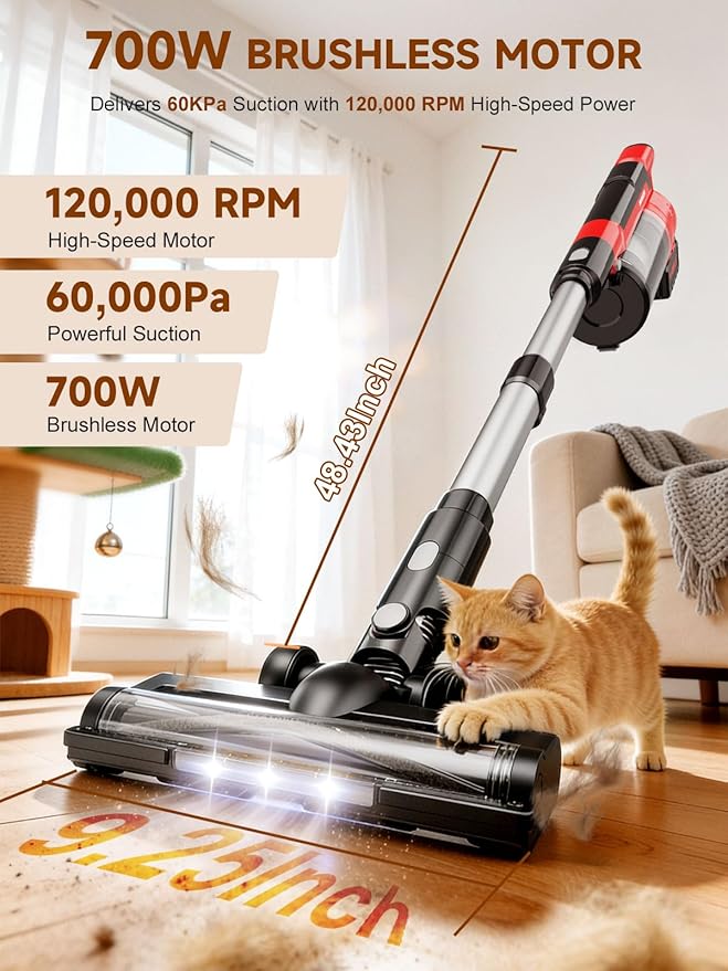 60KPa Cordless Vacuum Cleaner for Home, 700W Pet Vacuum, 70-Min Runtime, Lightweight, Rechargeable 8000mAh Dual Batteries, 2L Dust Cup, LED Display, Anti-Tangle for Pet Hair, Carpet & Hardwood Floors