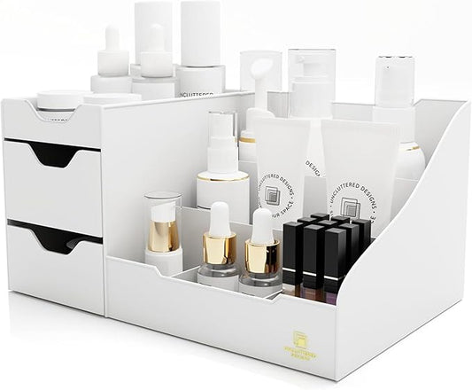 Uncluttered Designs Large Makeup Organizer for Vanity - Countertop Desk With Drawers for Cosmetic, Beauty, Hair, Nail, Perfume & Skincare - Perfect for Bathroom & Bedroom Storage (White)