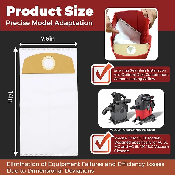 12-Pack Wet/Dry Dust Bags for FLEX 24V Brushless Wet/Dry Vacuum | Filter Bags Compatible with FLEX VC 6L MC & VC 6L MC 18.0 | Vacuum Cleaner Replacement Bags 487287