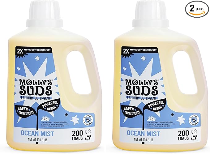 Molly's Suds Liquid Laundry Detergent | Clean Laundry Detergent Soap for Sensitive Skin | 2x Concentrated, High Efficiency (HE) (Ocean Mist - 200 Loads) (Pack of 2)