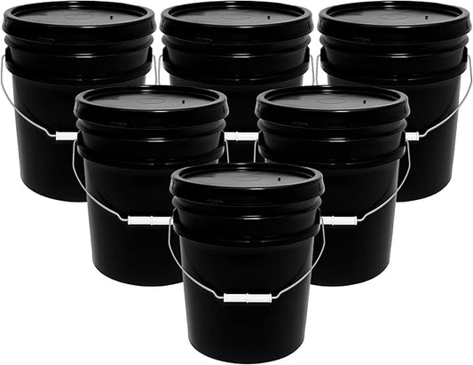 5-Gallon Bucket with Airtight Lid – Heavy-Duty Extra Durable Pail – Made in USA – Premium Quality HDPE – Food Grade – BPA Free – Metal Handle with Plastic Grip – Stackable – Multi-Use – Black, 6 Pack