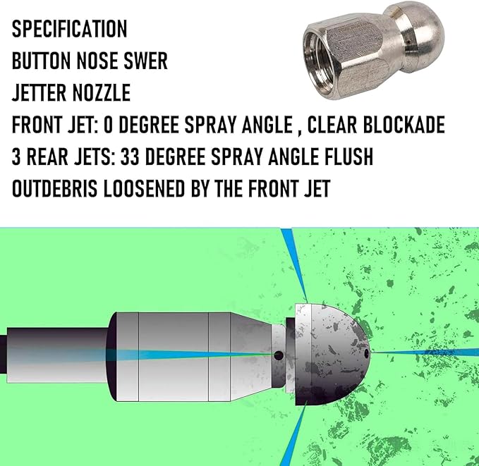 Hourleey Sewer Jetter Kit for Pressure Washer 50FT, 4000 PSI Drain Cleaner Hose 1/4 Inch NPT, Corner Rotating and Button Hose Sewer Jetting Nozzle Pearl Corsage Pin Tape Handle Strap Spanner, Green