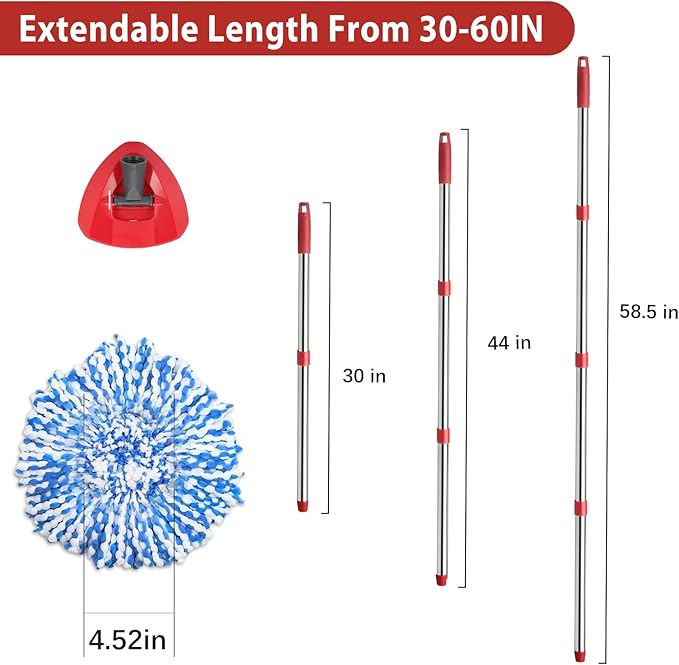 2 Spin Mop Head Replacement, 1 Base, 1 Mop Handle (30-58in) Combo Mops Set Compatible with O Cedar, Spin Mop's Refill Head Replacement for RinseClean 2-Tank System Microfiber Mops
