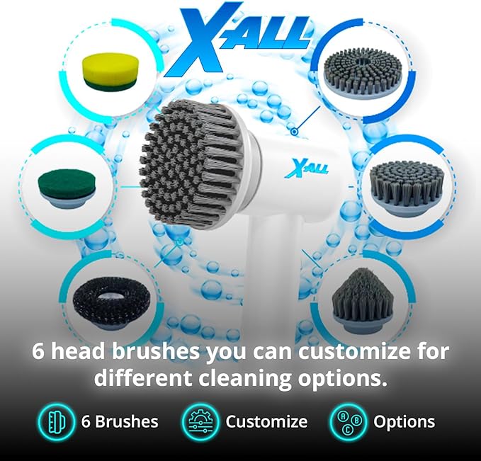 Electric Spin Power Scrubber - Rechargeable Lightweight Waterproof Cordless 2-Speed Control Cleaning Tool with 2 Spin Brush Heads - White