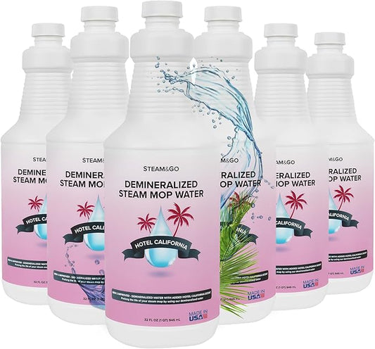 Steam & Go Deminerilized Water - Multi-Surface Cleaner for Steam Cleaners, Hardwood Floors, Kitchens, & Bathrooms - Germ-Killing Formula - Hotel California Scent - 32 Ounces (Pack of 6)