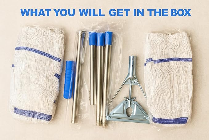 Heavy‑Duty Looped‑End String Wet Mop with Extra Mop Head – 59″ Stainless Steel Pole, Large 450 g Cotton Yarn Head for Commercial & Industrial Cleaning, with Extra Mop Head