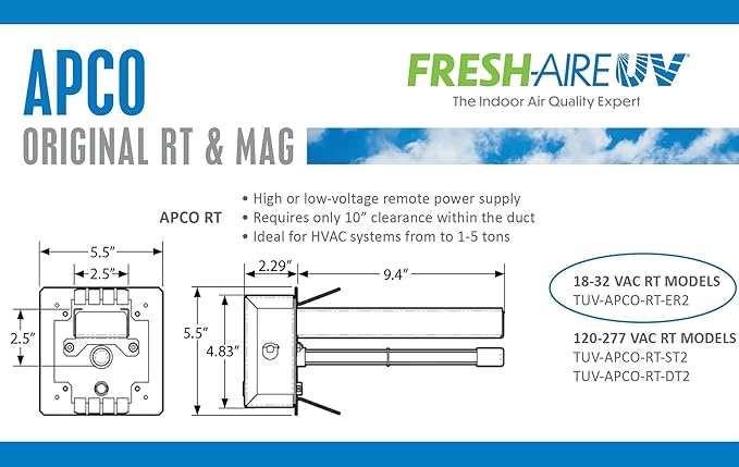 Fresh-Aire UV Fresh-Aire APCO Compact HVAC UV Air Purifier w/Carbon Matrix and Remote Power Supply, Includes 2 Year UVC Lamp, 18-32 VAC