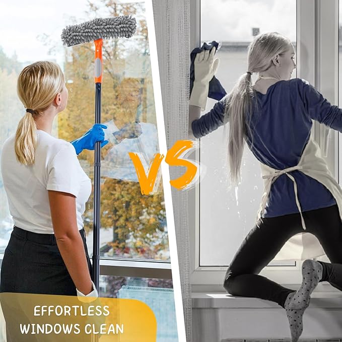 Window Cleaner Tool for Home, 59.5'' Squeegee Kit for Car Windshield, Shower Door, Mirror Cleaning, 2 in 1 Outdoor Glass Washer with Extension Pole