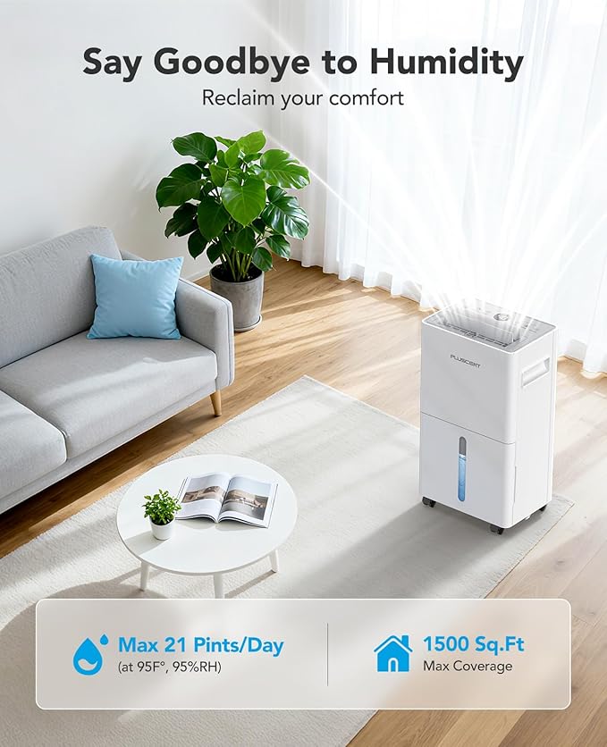1,500 Sq. Ft Dehumidifier for Basement, 21 Pints Dehumidifiers for Home with Drain Hose, Quiet Operation, Smart Humidity Control, Auto Defrost, 24H Timer, Portable for Bedroom, RV, Bathroom