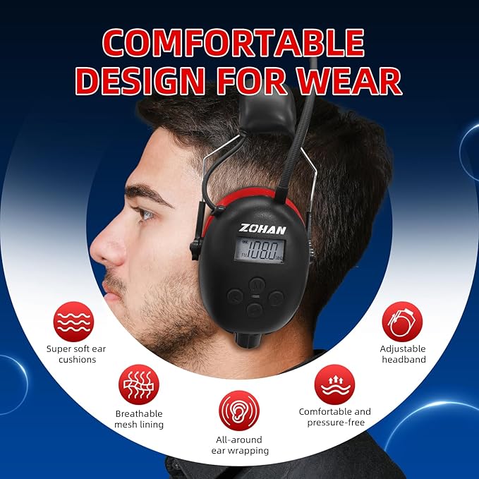 ZOHAN 033 Bluetooth AM/FM Radio Headphones with 2000mAh Rechargeable Battery,25dB NRR Noise Reduction Safety Earmuffs