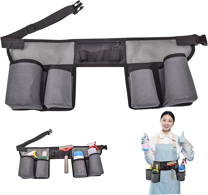 Naisicore Window Cleaning Belt, Nylon Mesh Window Washing Belt with 4 Pockets, Adjustable Tool Pouch, Bottle Holster, Portable Gardening Belt for Housekeeping, Cleaning, Black Grey