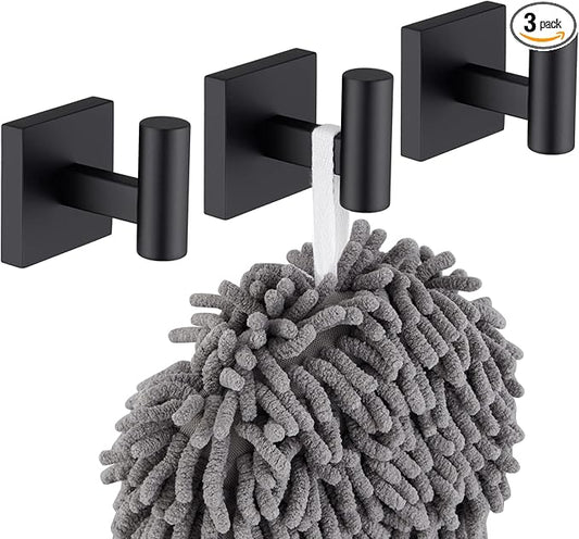 KOKOSIRI Robe Hook Bathroom Towel Coat Hooks Matte Black for Bath Kitchen Wall 3 Pack Stainless Steel B1013BK-P3