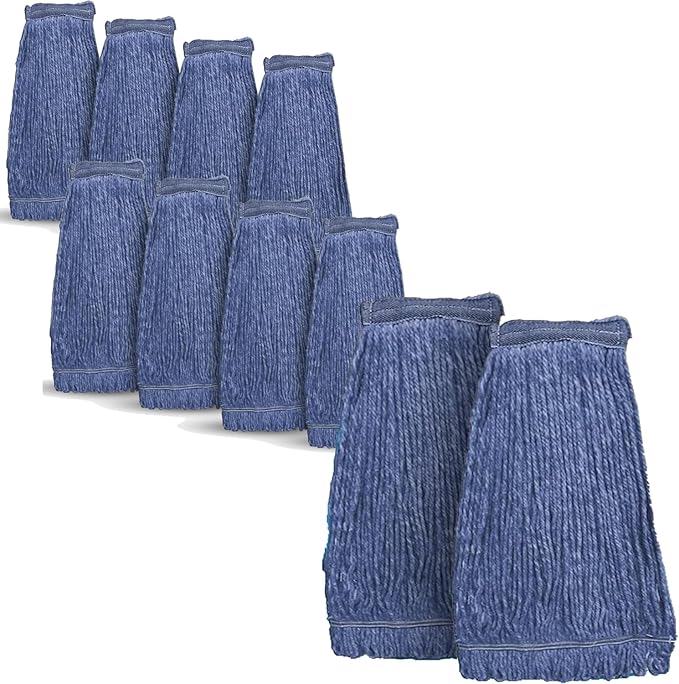 20oz Heavy Duty Cleaning Mop Head Replacement - Commercial Replacement, Wet Industrial Blue Cotton Looped End String Head Refill (10 Pack)