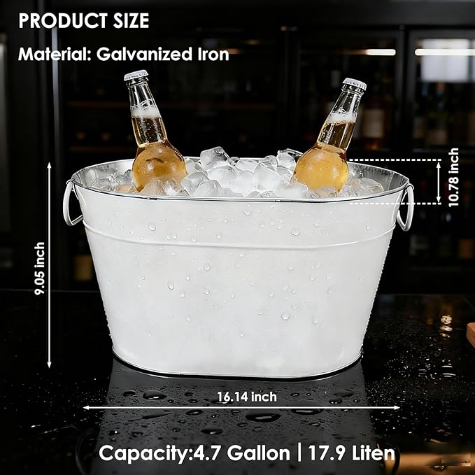 2PCS Galvanized Tub Ice Bucket for Parties, Thick Metal Galvanized Drink Buckets, Beverage Bucket with Handles, Drink Bucket for Indoor & Outdoor Party (White)