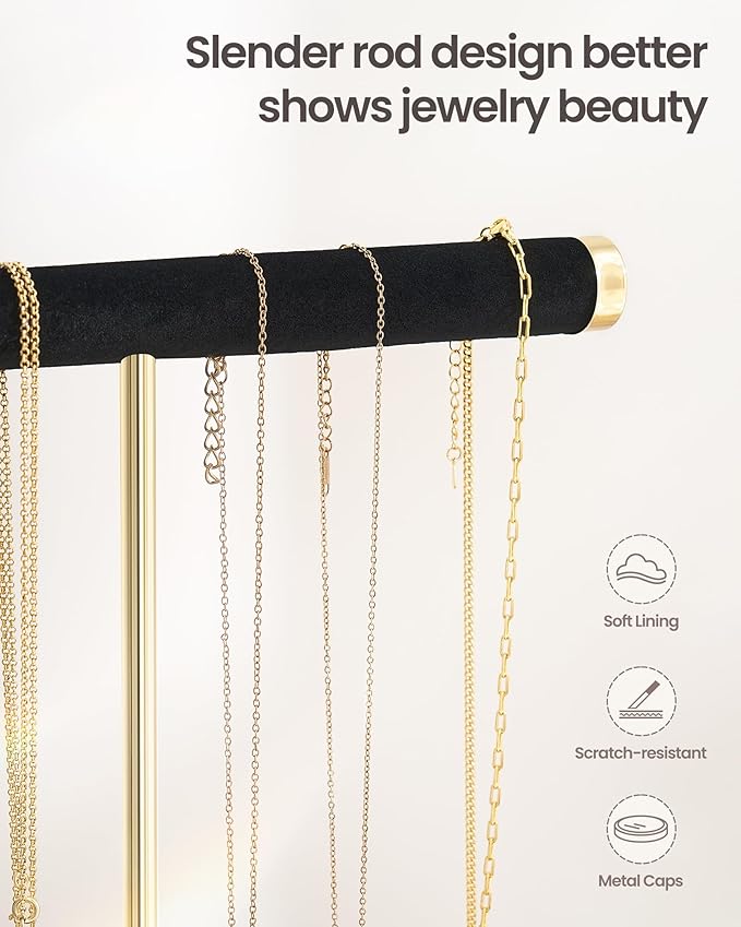 Lolalet 2-Tier Necklace Holder Display, Velvet Wrapped Bracelet Stand with Removable Ring Tray, Tall Jewelry Organizer for Bangles Watches Earrings, Galentines Valentines Gifts for Girls Women -Black