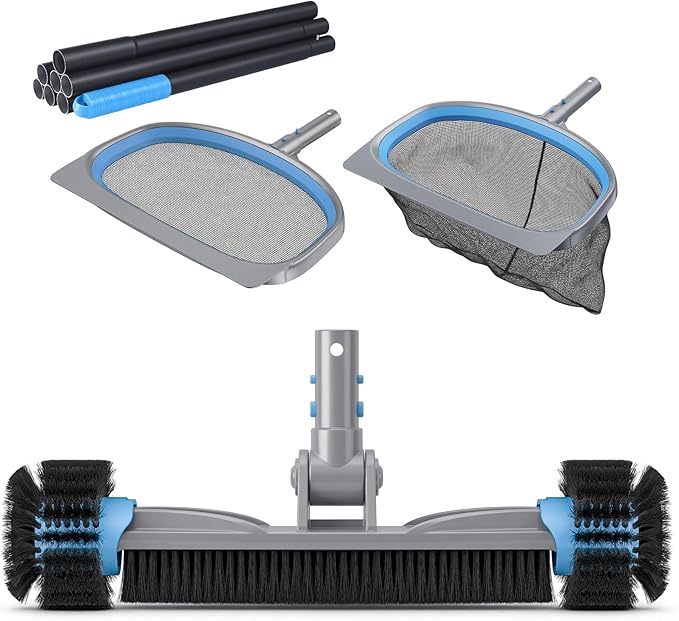 UIRWAY 4-in-1 Deluxe Swimming Pool Cleaning Kit - Includes Detachable Pool Brush, Heavy Duty Deep Leaf Skimmer Net, Fine Mesh Net, Extendable Aluminum Pole for Inground & Above Ground Pools Cleaning