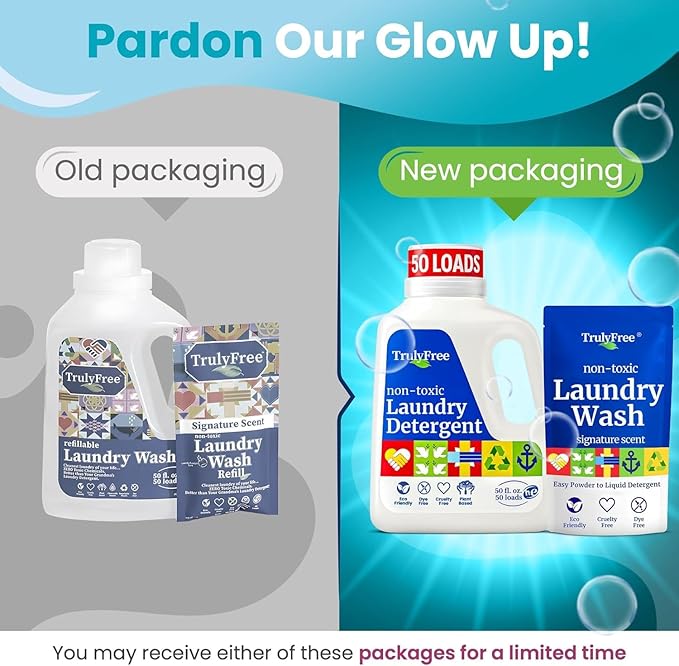 Truly Free Natural Laundry Detergent for Sensitive Skin | Eco Friendly, Plant Based, Baby Clothes Safe | Clean & Easy Powder to Liquid, 3 Pack Detergent + 1 Refillable Jug | Signature Scent 150 Loads