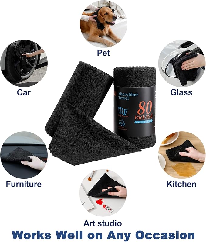 80 Pack Microfiber Cleaning Cloth Roll Reusable Paper Towels 12"x12" Tear Away Cloth,Absorbent Dish Rags for House Kitchen,Wash Cloths,Lint Free Rags for Window Cars Cleaning Supplies