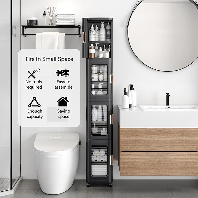 VECELO 4-Tier Tall Narrow Storage Cabinet with Movable Wheels, Adjustable Shelves, Anti-Tip, Slim, for Small Space, Bathroom, Kitchen, Laundry, Black