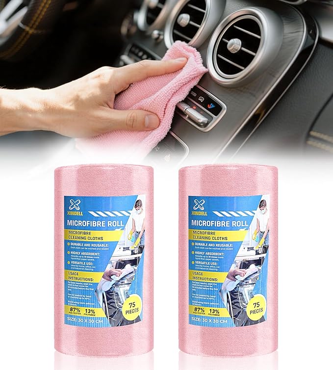 XINDELL Microfiber Cleaning Cloth Roll – 150 Pack 12"x12", Tear-Off Microfiber Towels, Lint-Free, Ultra Absorbent Car Detailing & Cleaning Cloths – Pink