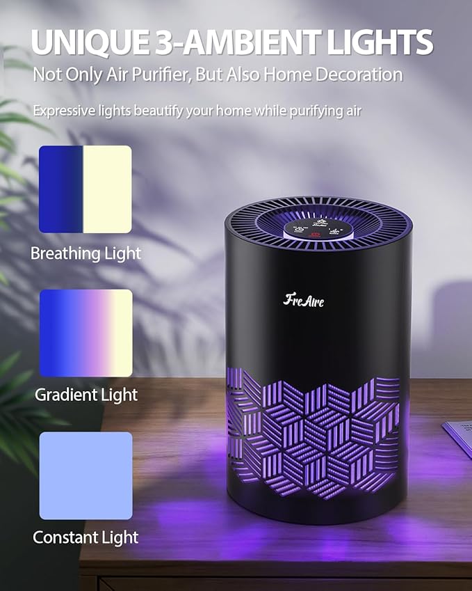 FreAire Air Purifiers for Bedroom, Air Purifiers for Home with Lights, HEPA Air Purifier Removes Dust Smoke Pollen Dander Smell, for Home/Pets/Bedroom